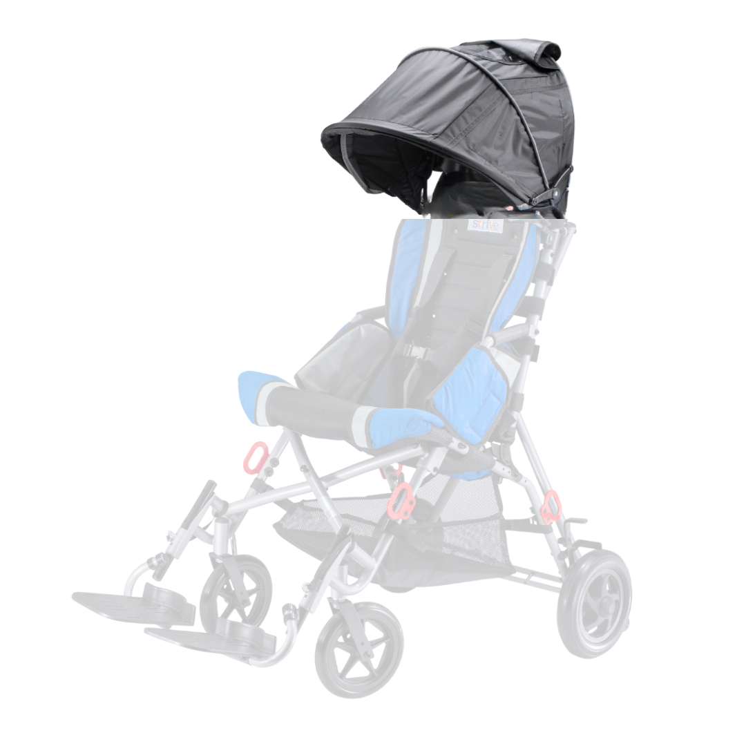The Canopy For Strive Adaptive Stroller in black provides weather protection, shown on a blue and gray Strive Adaptive Stroller with a sunshade, footrests, and four wheels—the stroller is faded to highlight the canopy.